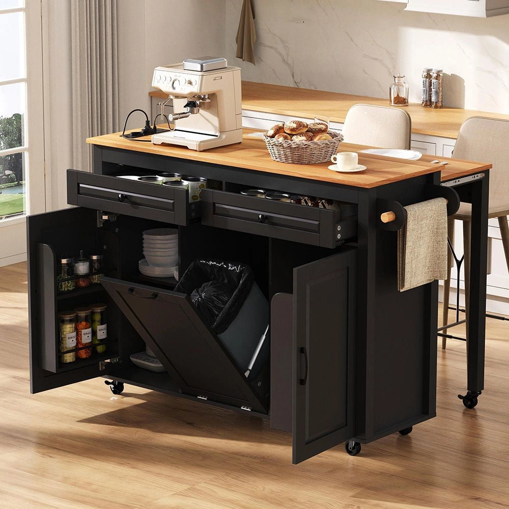 Isola cucina mobile - Xylo - Nero - Estensibile con piano lavoro e vano pattumiera