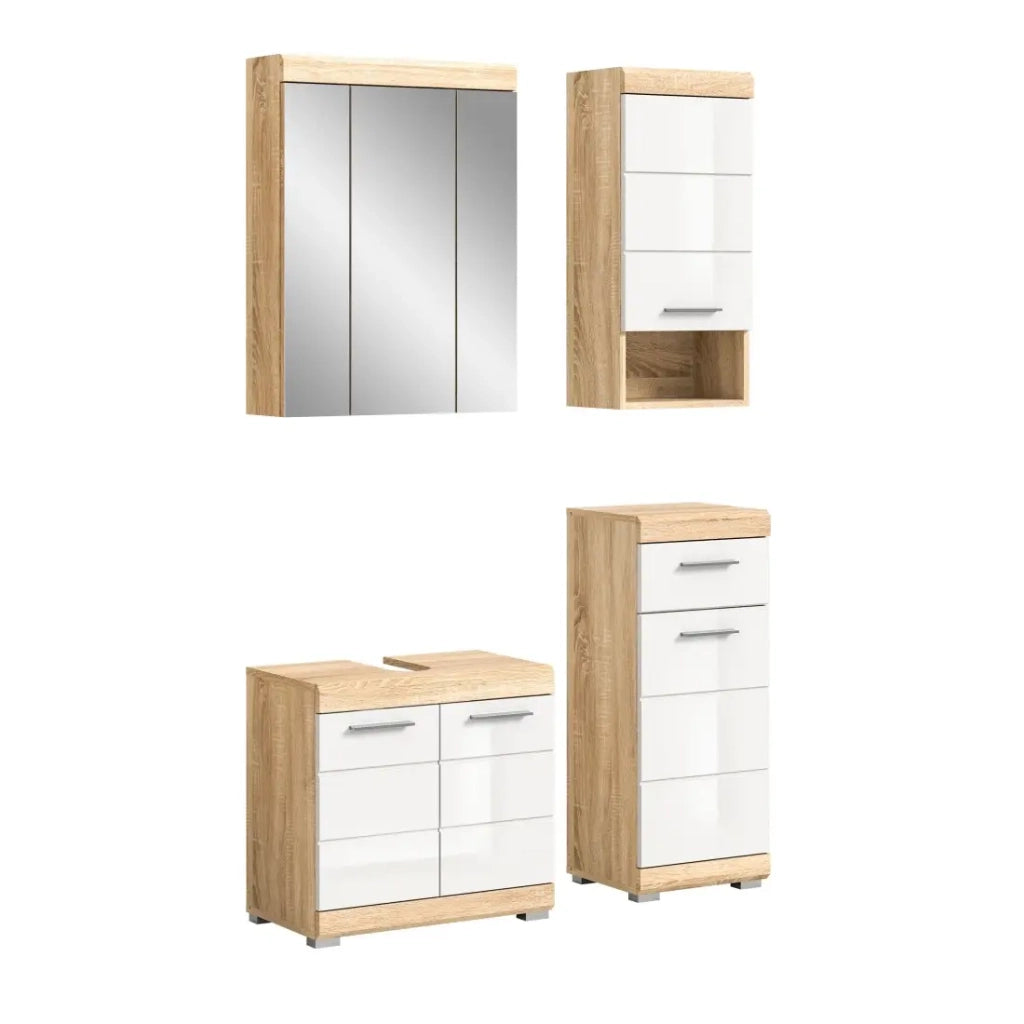 Set da bagno: 1 mobile sotto lavabo, 1 armadio con specchio e 2 mezze colonne