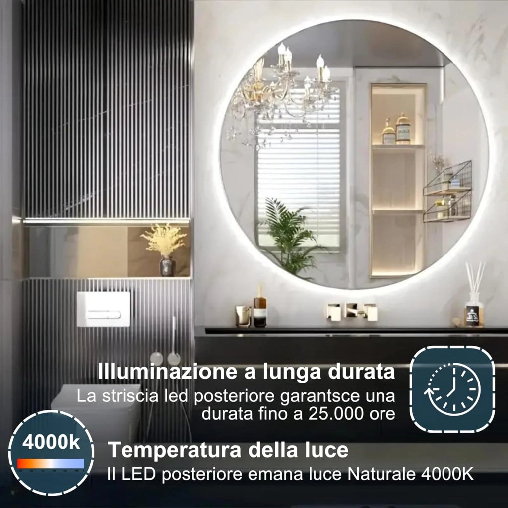 Specchio Rotondo 80 cm GIANT, Specchio Bagno Led Retroilluminato 4000K Personalizzabile Made in Italy, Specchiera Bagno Bordo Filo Lucido Moderno