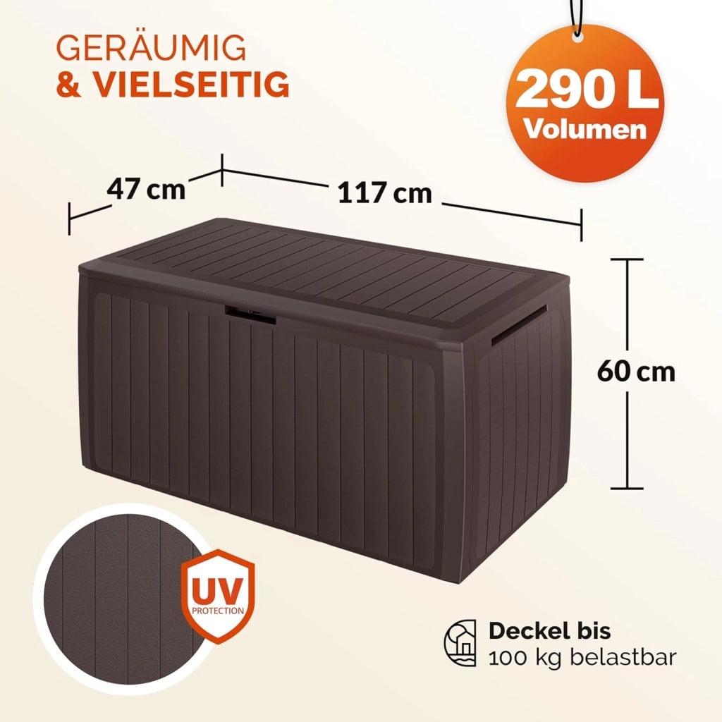 ® Baule da Giardino 117x47x60cm Aspetto Legno 290L Box Multiuso Multibox Cuscini 6 Ruote Coperchio Esterno