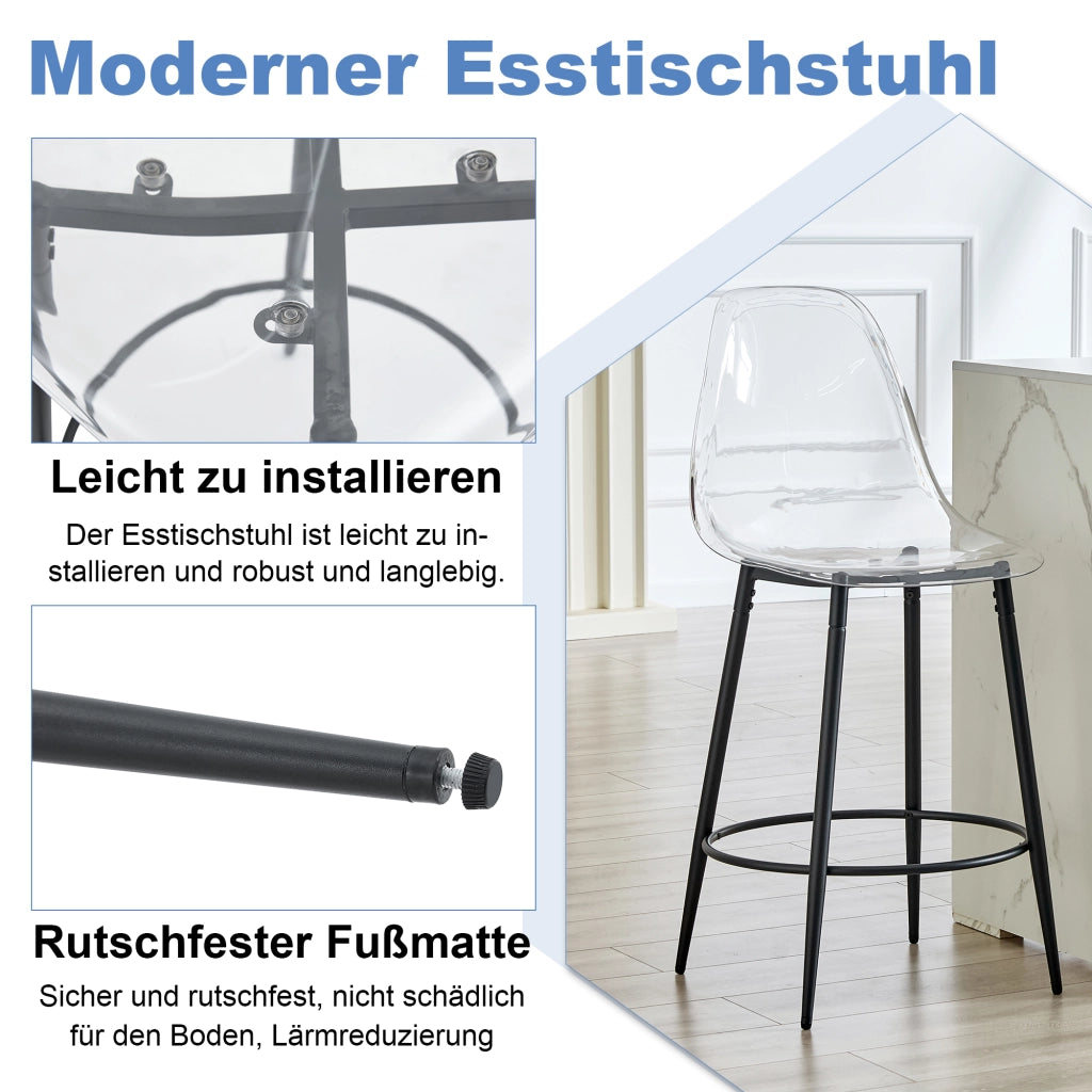Set di 2 Sgabelli da Bar; Schienale Trasparente; Piedini Regolabili; per Cucina e Isola; Plastica e Metallo; Trasparente e Nero