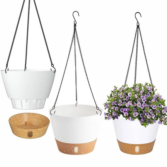 Set di 3 contenitori per piante appesi, contenitore per piante appeso con ciotola rimovibile, contenitore per piante appeso con fori di drenaggio e ganci, contenitore in plastica bianco