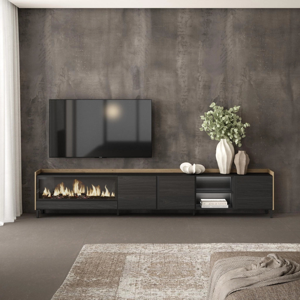 Mobile TV Soggiorno, 315x61x35 cm, Per TV fino a 80", Camino elettrico XXL, Design industriale, LED, Nero e rovere