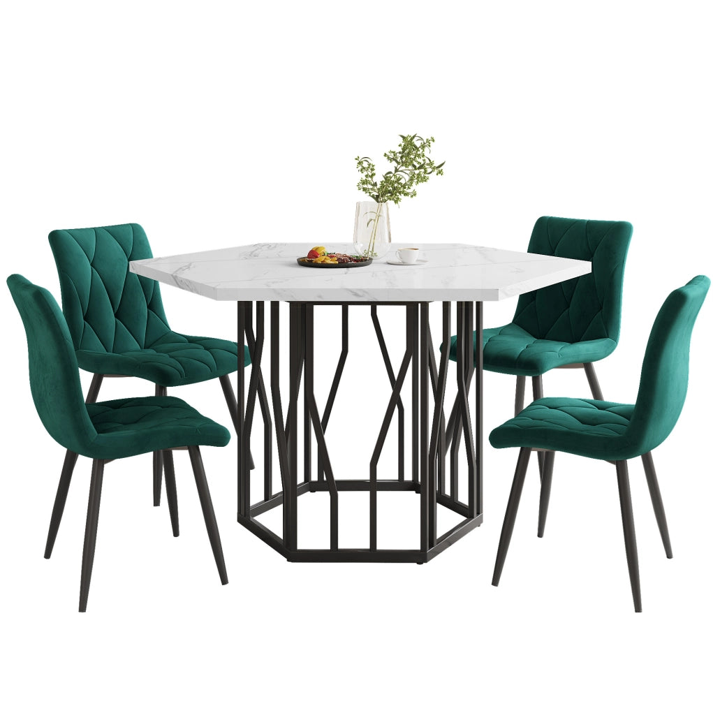 Set tavolo da pranzo esagonale con 4 sedie in velluto verde