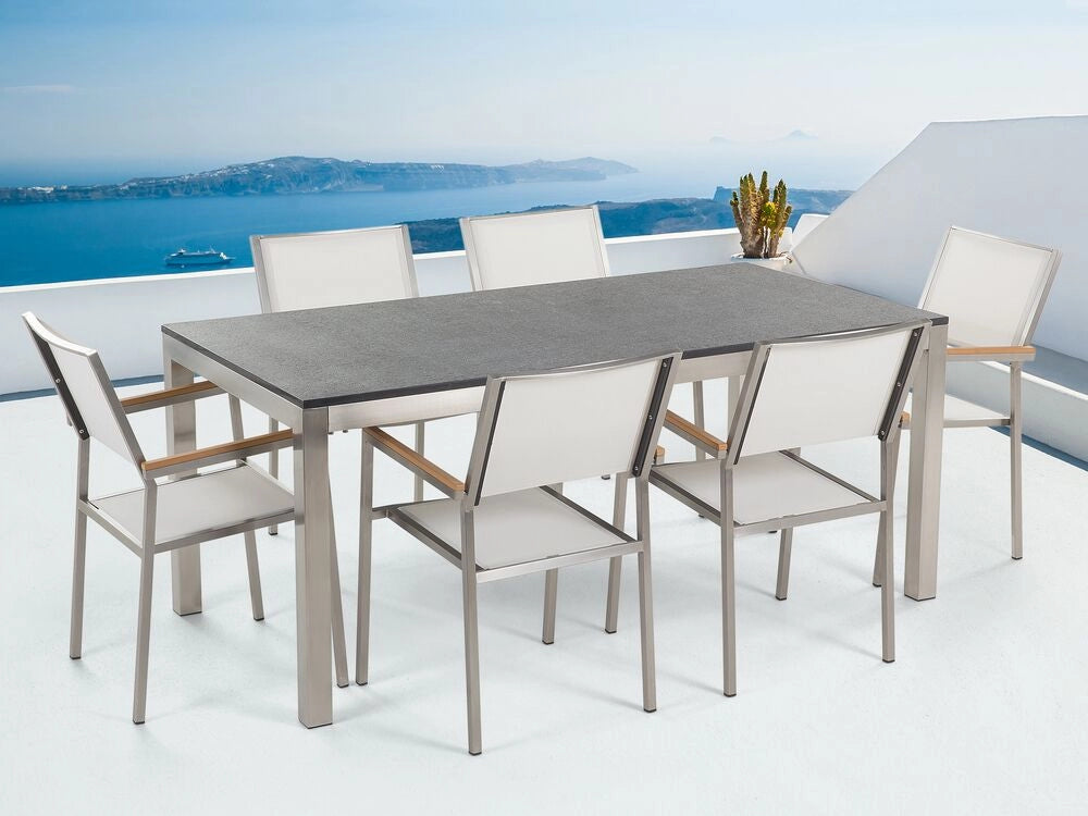 Set da pranzo da giardino bianco con piano in granito fiammato 6 posti 180 x 90 cm