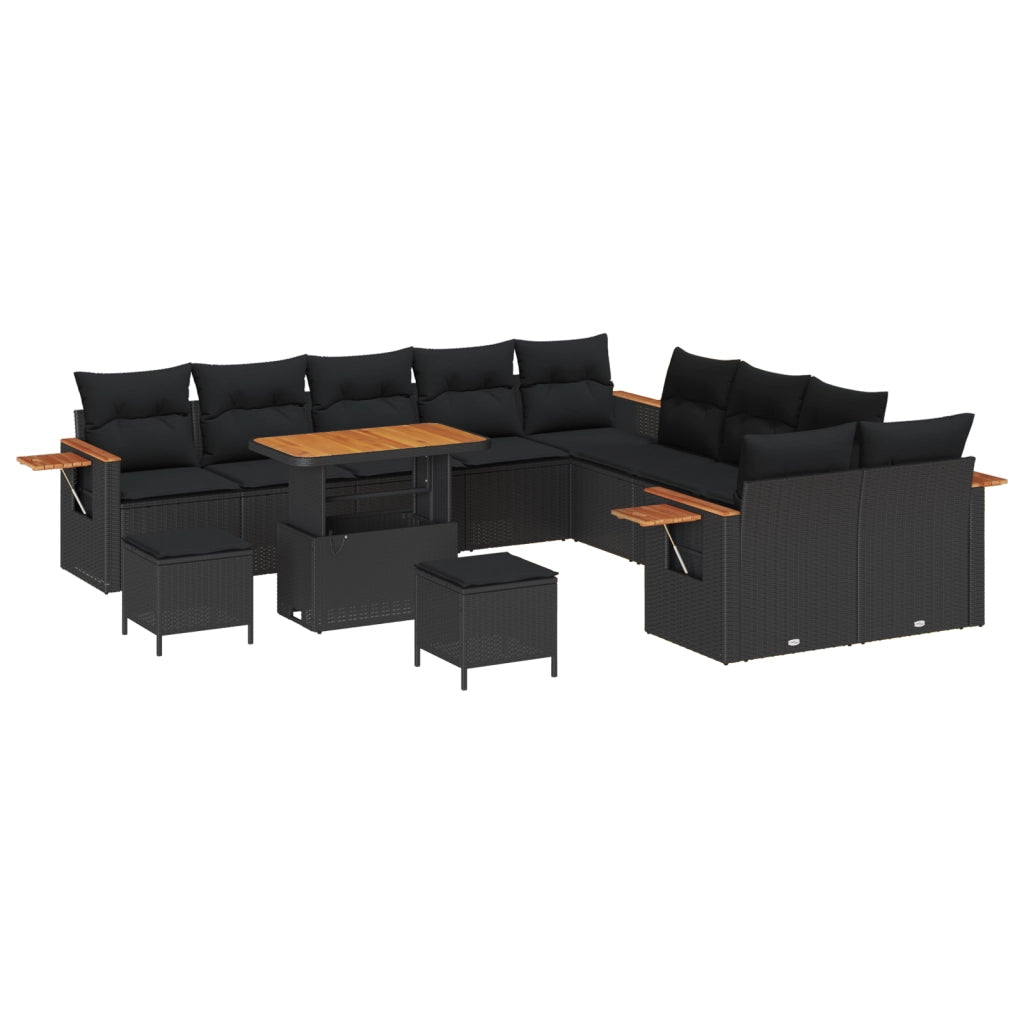 Set Divano Giardino con Cuscini 13 Pezzi Nero Polyrattan Acacia