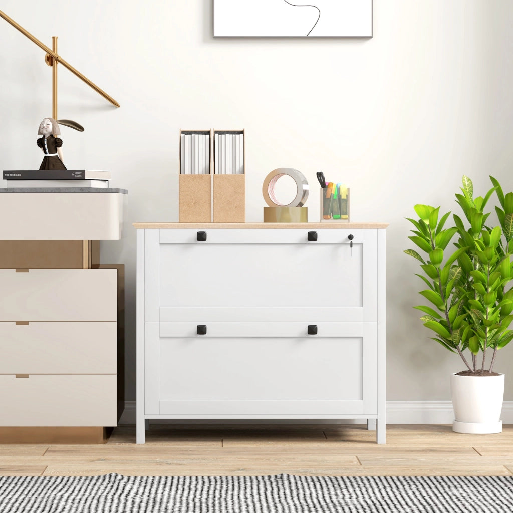 Mobile Archiviatore con 2 Cassetti e Ante ¨C Zephmum ¨C 79x40x72 cm Bianco e Rovere