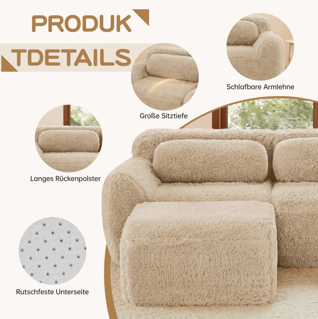 Divano modulare 3 posti con 3 pouf 291x179x73 cm in tessuto peluche; light khaki