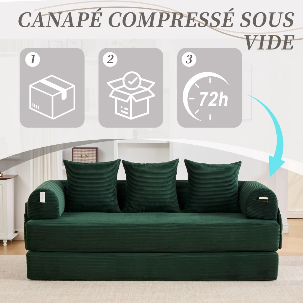 Divano modulare con tasca laterale e 3 cuscini - in corduroy e metallo - verde smeraldo