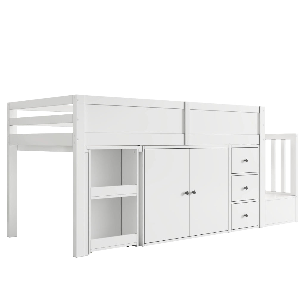 LETTO a soppalco con scrivania estraibile, armadio, cassetto, scala, 90x200 cm, bianco