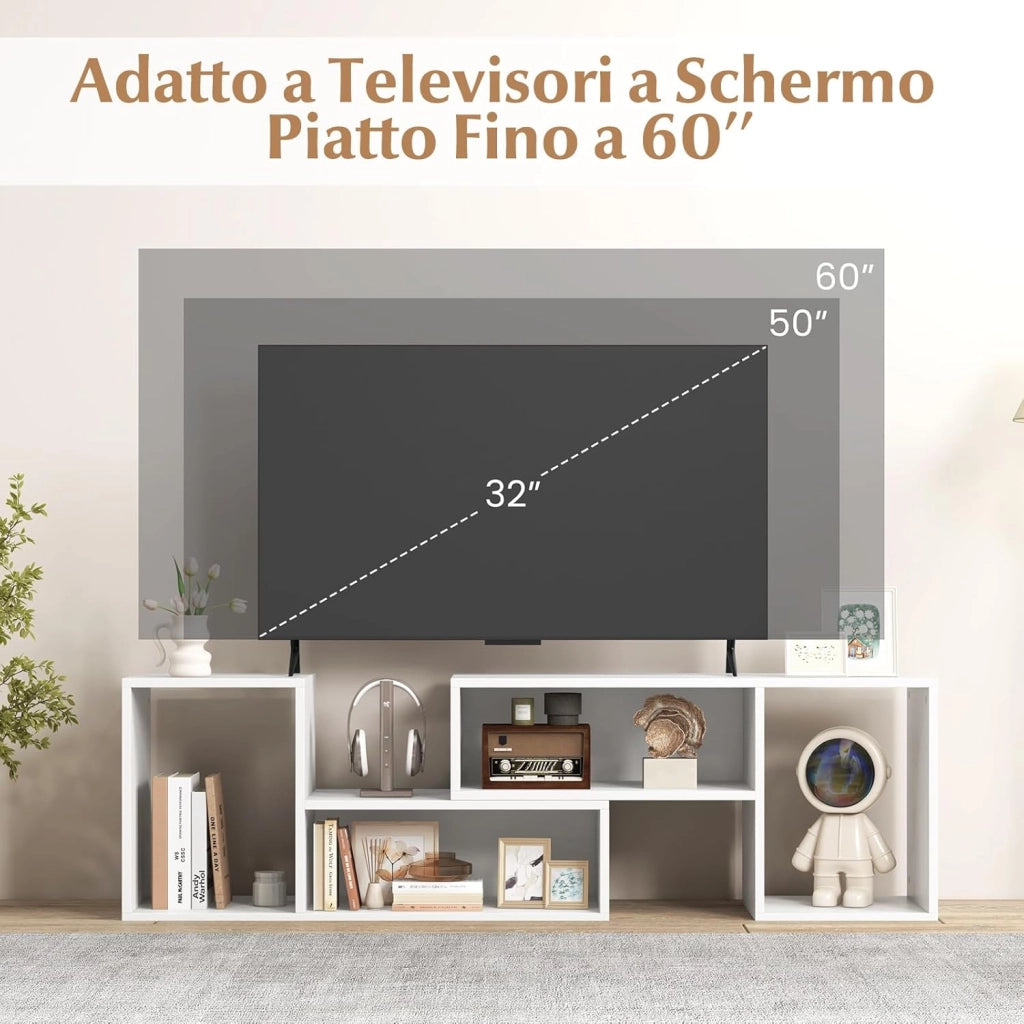 Mobile Porta TV Combinabile a 2 Pezzi, per TV Fino a 60 Pollici, Mobile TV Soggiorno in Legno, con 4 Vani Aperti, Tavolo Media TV Multifunzionale, per Soggiorno, Camera da Letto (Bianco)