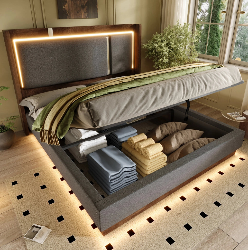 Letto matrimoniale 180x200 cm con contenitore; LED; lino e legno grigio