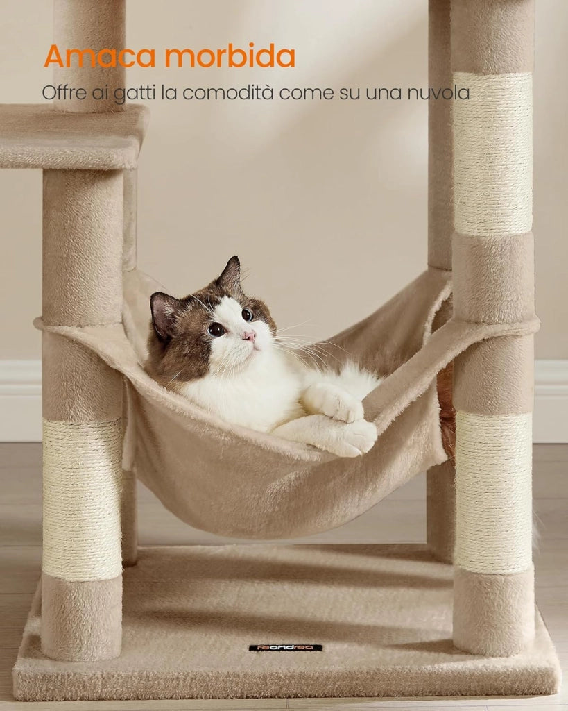 Feandrea Albero per Gatti Alto 143 cm, Tiragraffi per Gatti, con 4 Pali Graffiatoi, 2 Posatoi, 1 Grotta, 1 Amaca, 2 Pompon, in Peluche a Più Livelli, Marrone Cammello PCT161K01