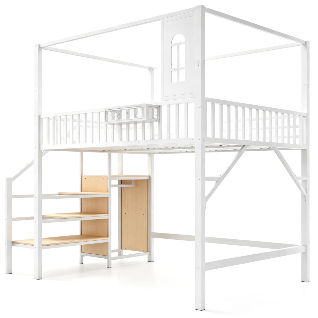 Letto a soppalco in metallo con struttura superiore e scala, 140x200 cm
