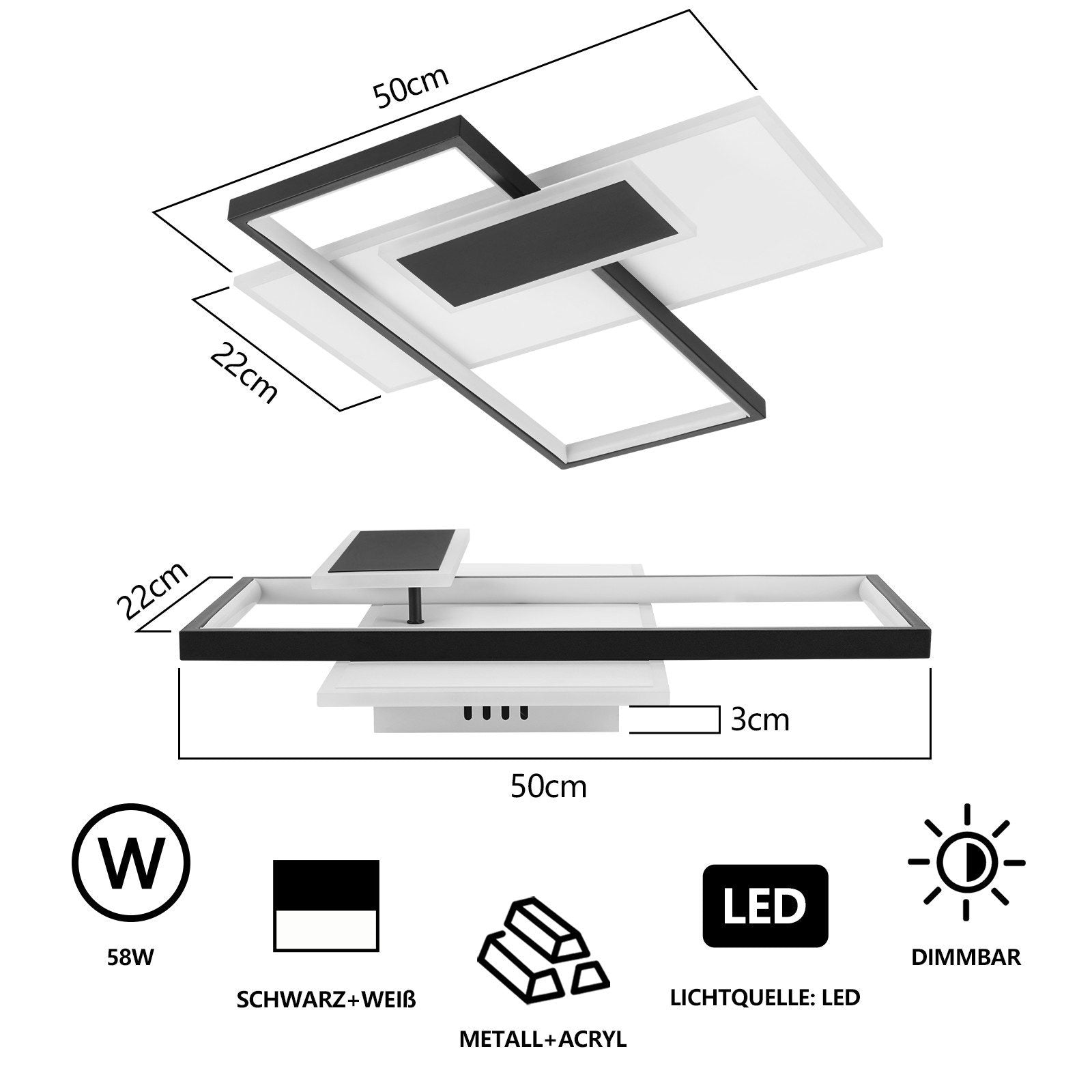 ZMH Lampada da soffitto LED 62W nera dimmerabile con telecomando 2 faretti per soggiorno