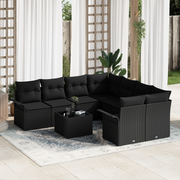 Set di divani da giardino a 9 pezzi con cuscini neri in polyrattan