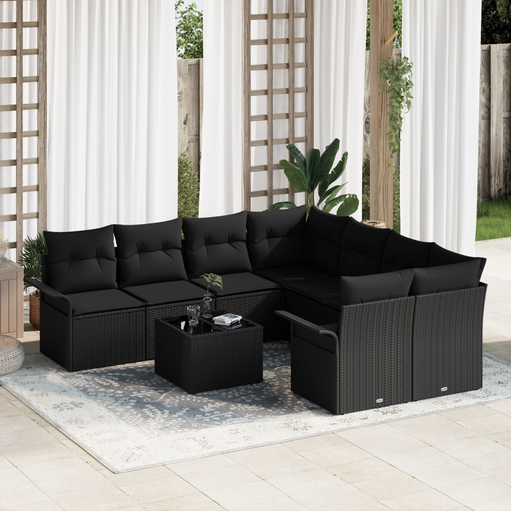 Set di divani da giardino a 9 pezzi con cuscini neri in polyrattan