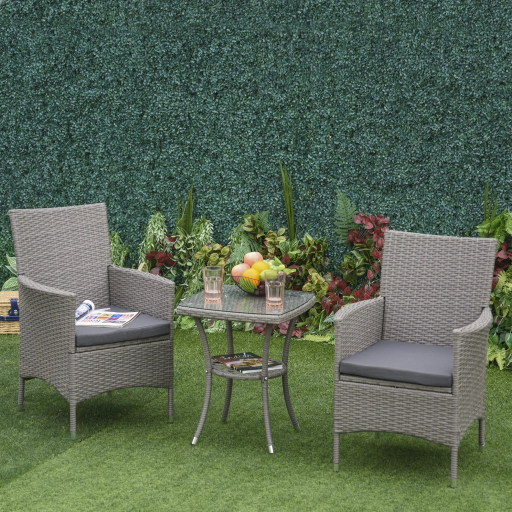Set 3 Pezzi Salotto Giardino in Rattan PE e Acciaio ¨C zephmum ¨C Grigio con Cuscini e Tavolino Vetro