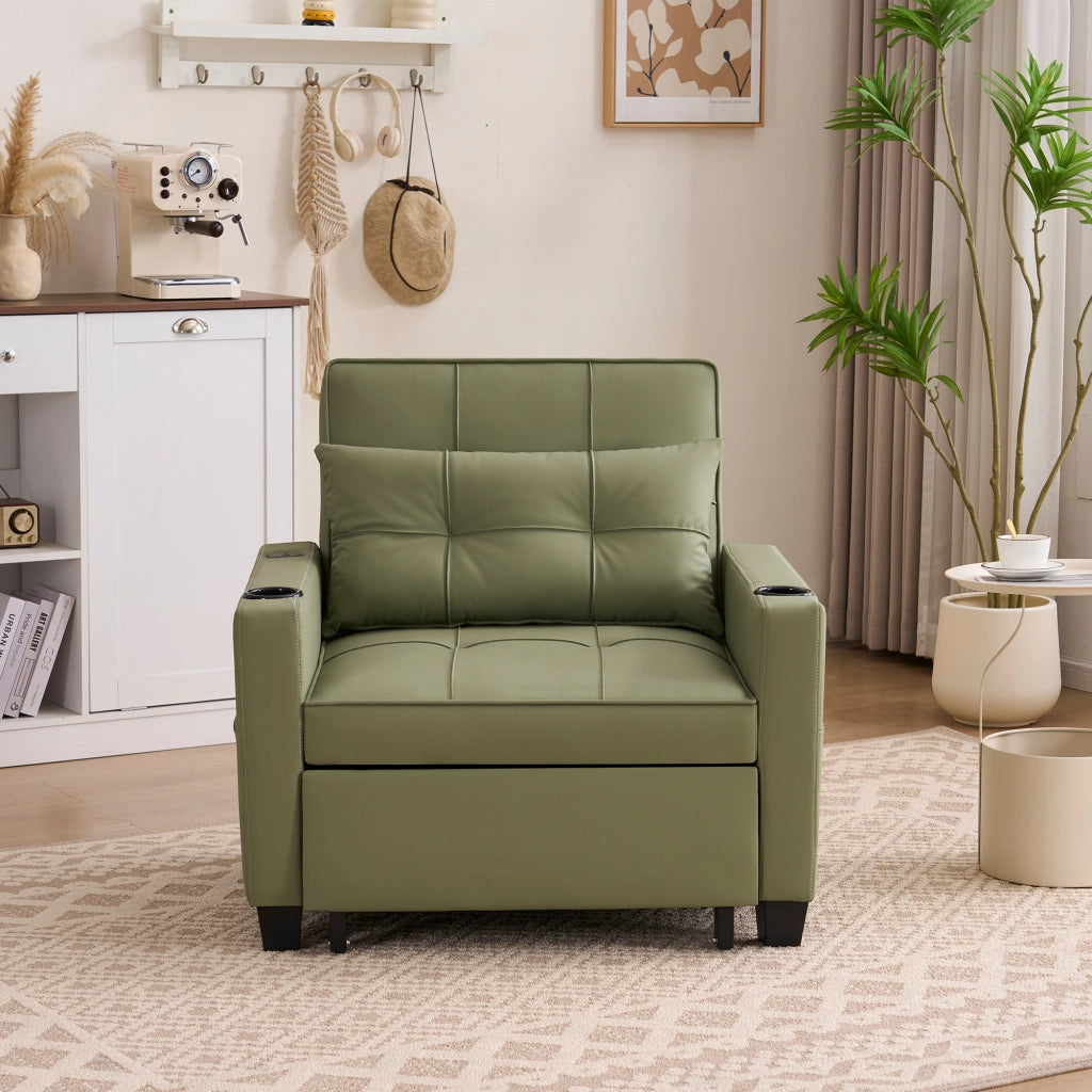 Poltrona letto 3 in 1 estraibile con schienale regolabile; USB e tasca laterale in legno e metallo - avocado