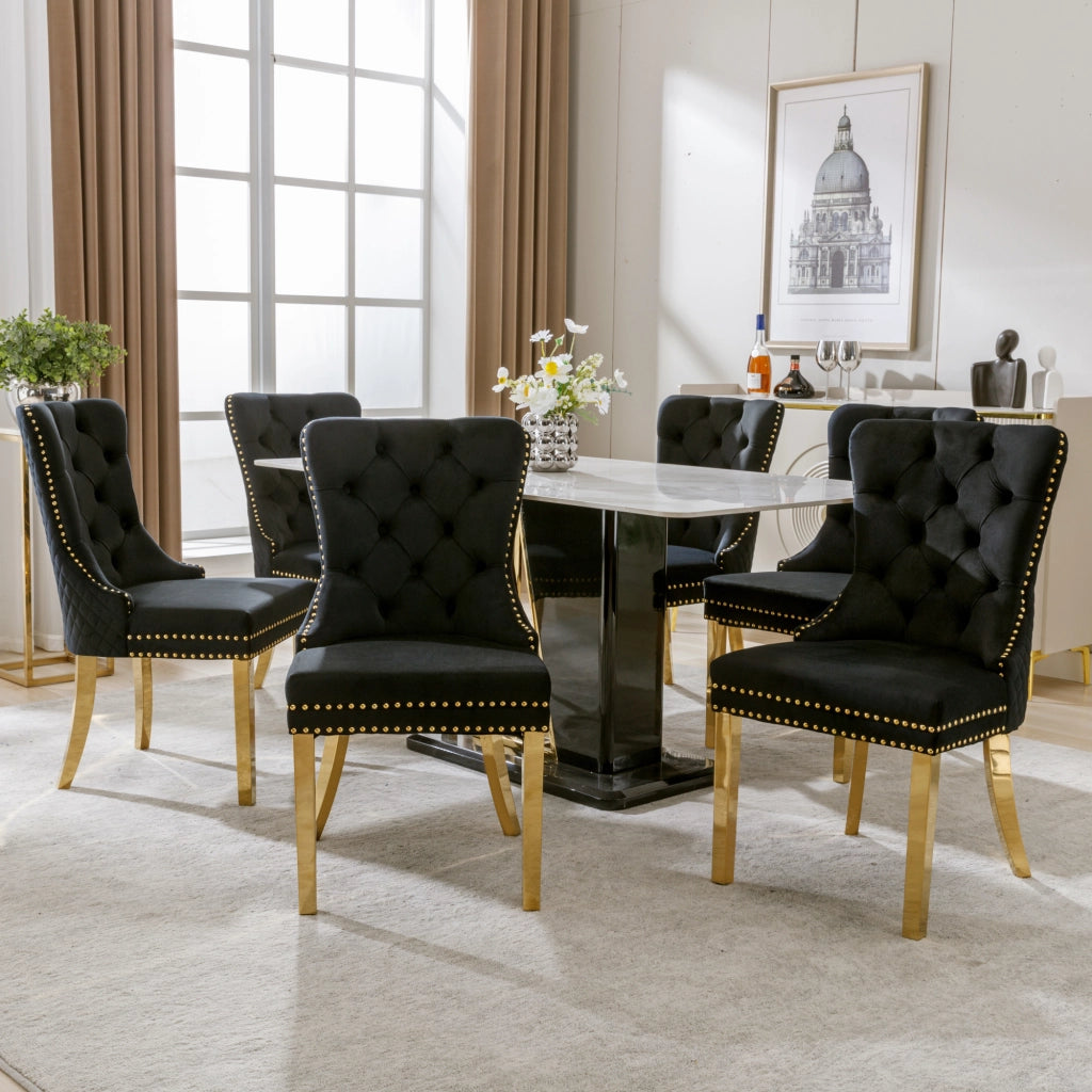 Sedia da Pranzo Imbottita con Anello sullo Schienale, Borchie Decorative e Piedini Regolabili in Velluto Nero 50.5 × 45 × 95 cm