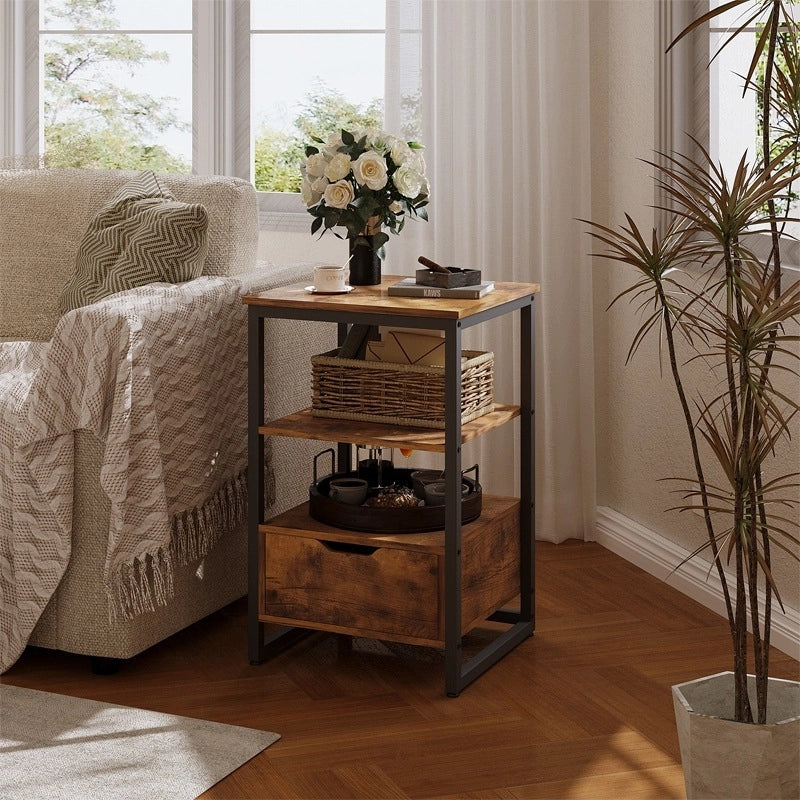 Comodino, tavolino da camera, cassettiera, stile loft marrone scuro, 2 ripiani, 80 cm