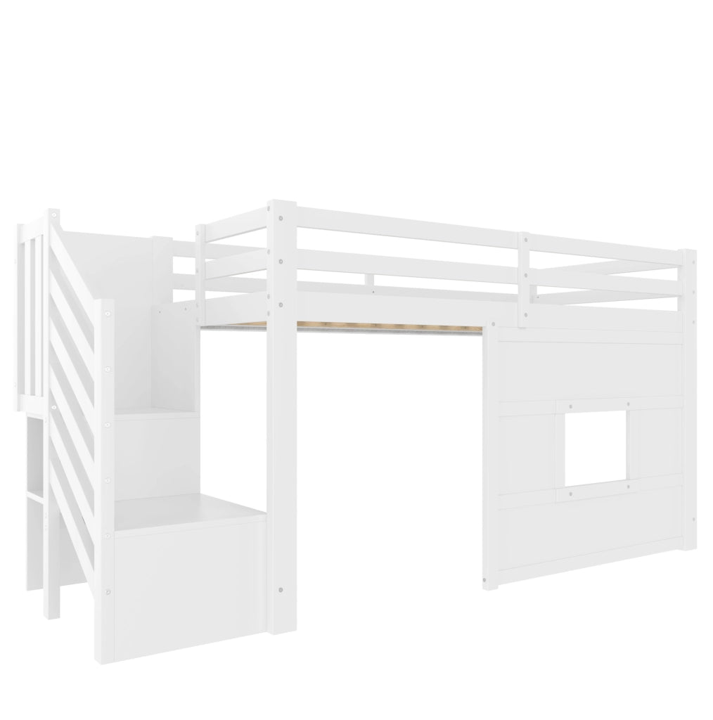 Letto a soppalco 90x200 cm bianco con scala contenitore e finestra