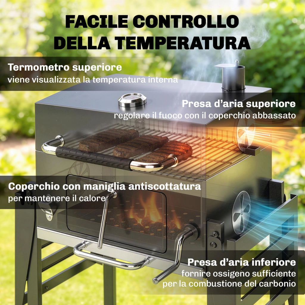 Barbecue a Carbone a Rotelle con Griglia Regolabile e Ripiani Pieghevoli, in Acciaio e PP, 133.5x65x110 cm, Nero
