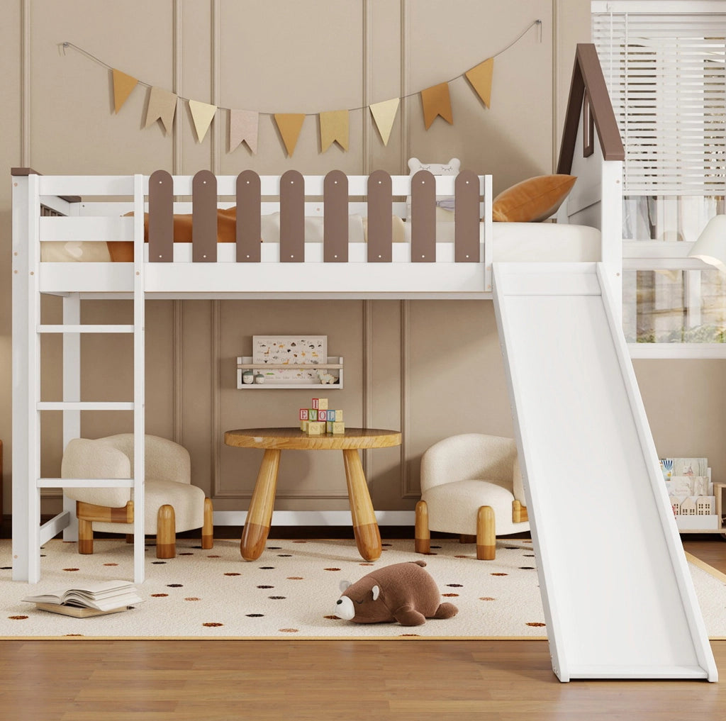 Letto a soppalco 90x200 cm con scivolo bianco e noce