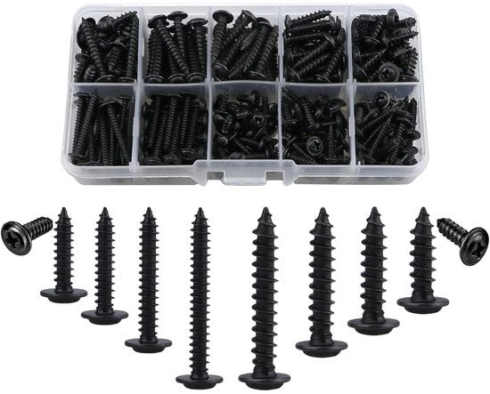Kit di viti autoalloggianti metalliche con anello M3, M4, 280 pezzi, kit di viti a legno, 10 tipi (8/10/12/16/20/25mm), viti a testa (nero)