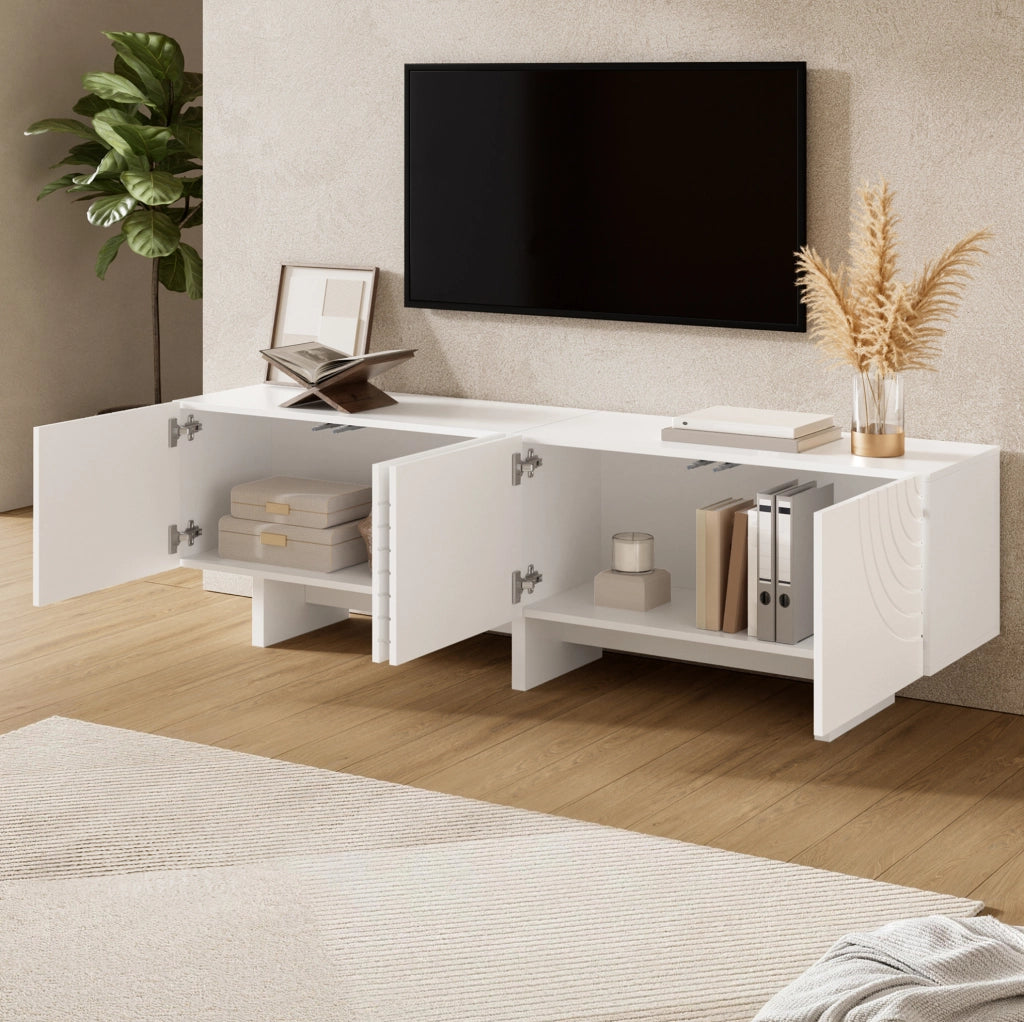 Mobile TV bianco 170 cm con 4 ante a rilievo e passacavi