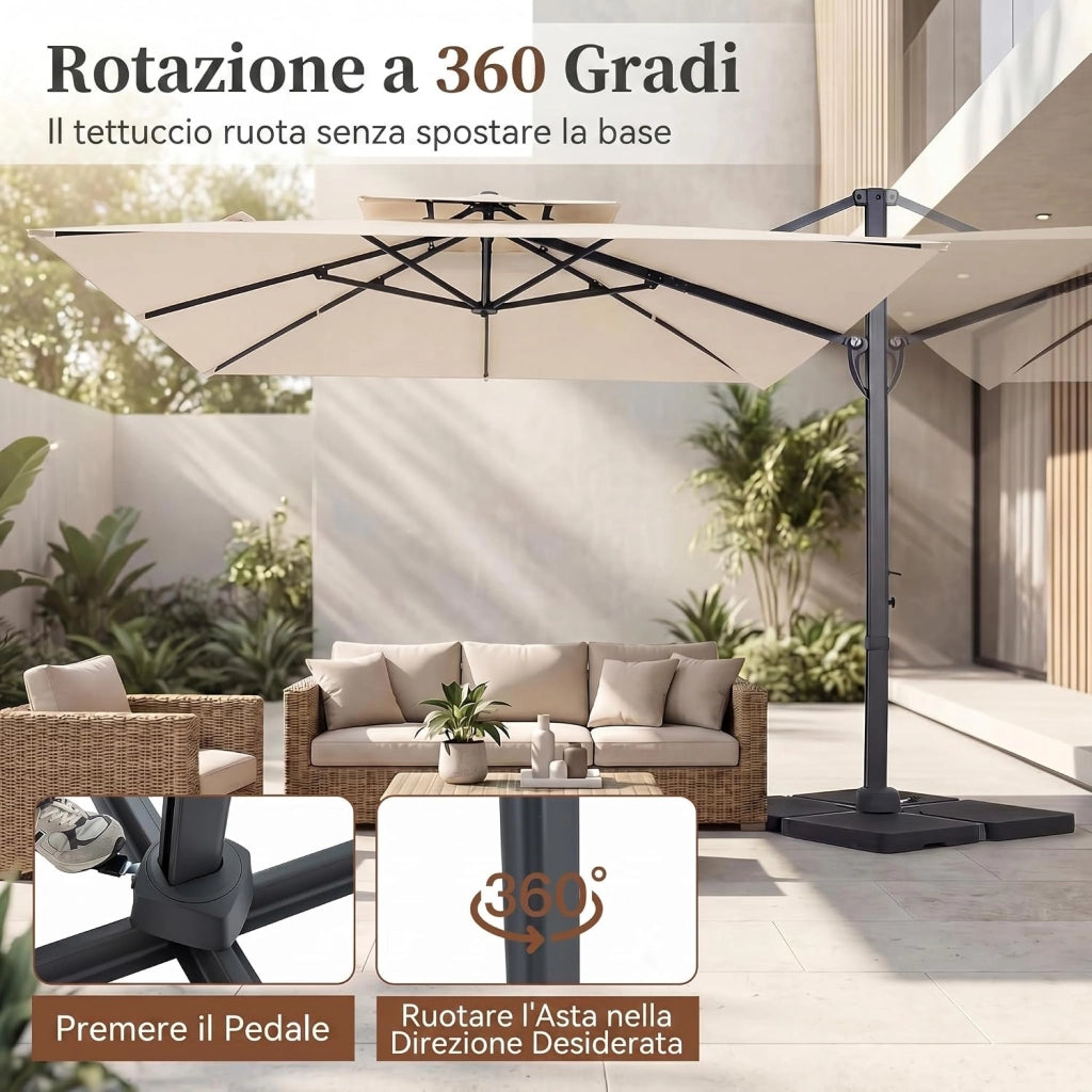 Ombrellone da Giardino 300 cm con Base a Croce, Ombrellone da Esterno Quadrato con Manovella, Rotazione 360°, 8 Stecche Metalliche Resistenti, per Balcone, Terrazzo e Piscina