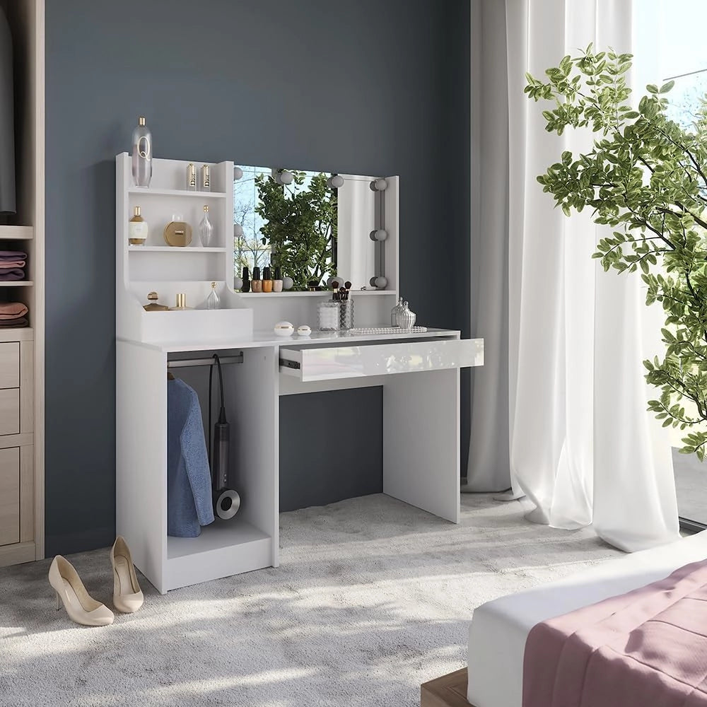 Tavolo da toeletta Sherry, Bianco/bianco lucido, 119.8 cm 4 parti