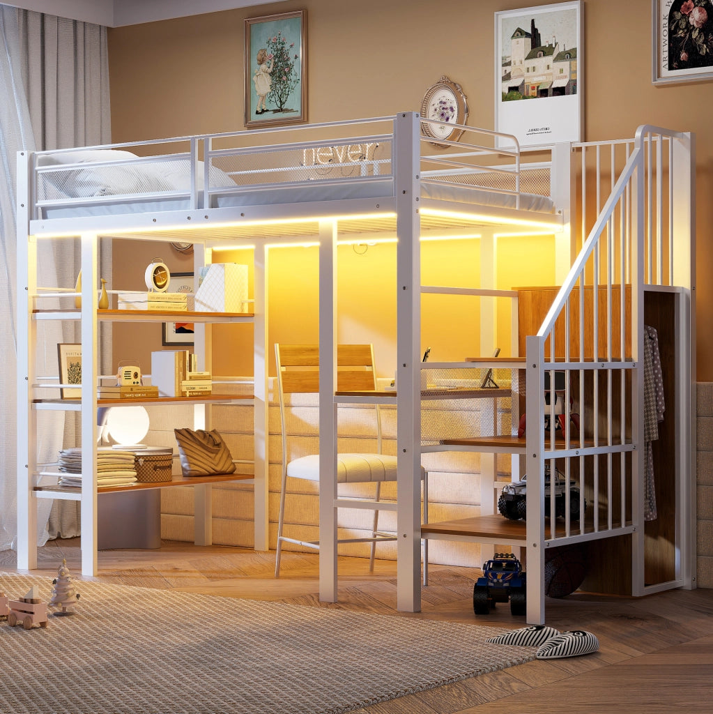 Letto a soppalco 90x200 cm con scrivania, LED e presa