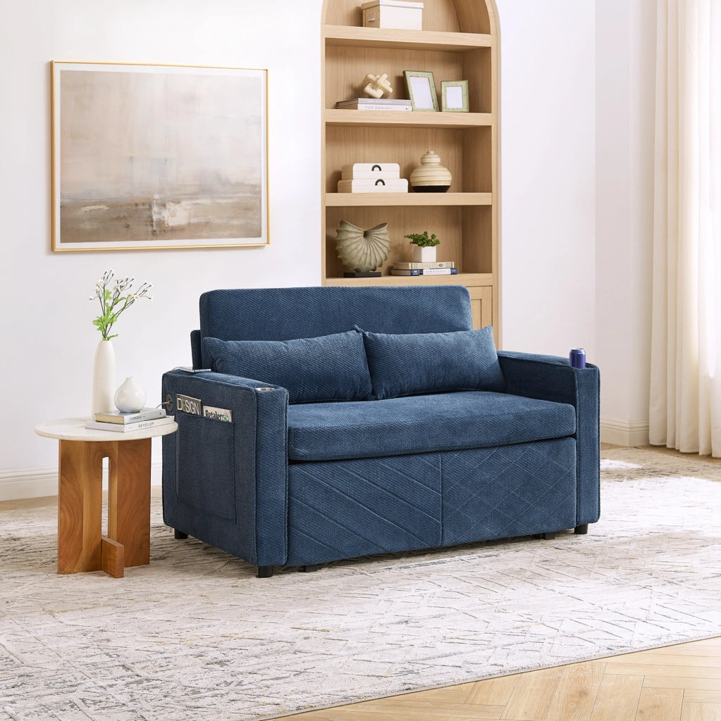 Divano letto 2 posti navy blue con sistema a scorrimento e ricarica USB