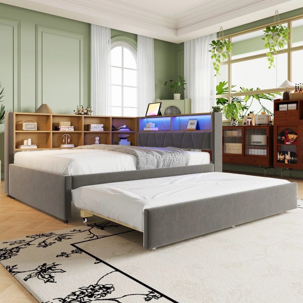 Divano letto multifunzione 140x200 cm con letto estraibile 90x190 cm; LED e porte di ricarica; grigio scuro