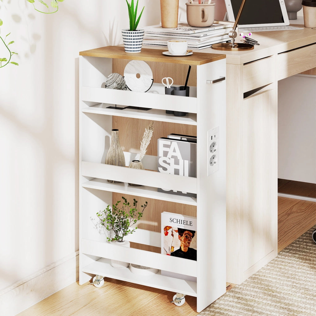 Carrello da cucina 4 ripiani con stazione di ricarica maniglia e parapetti, Carrello stretto a sfilo con ruote bloccabili per cucina lavanderia Bianco e naturale 20cm