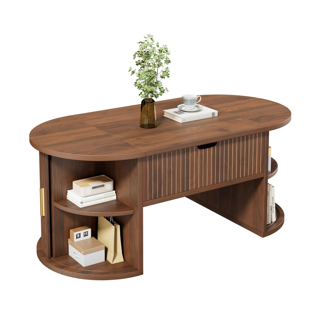 Tavolino Da Salotto Alzabile Ovale con 2 Ante Scorrevoli e Ripiani Aperti; Stile Moderno Retrò; in MDF; 100×50×40;5 cm; Noce