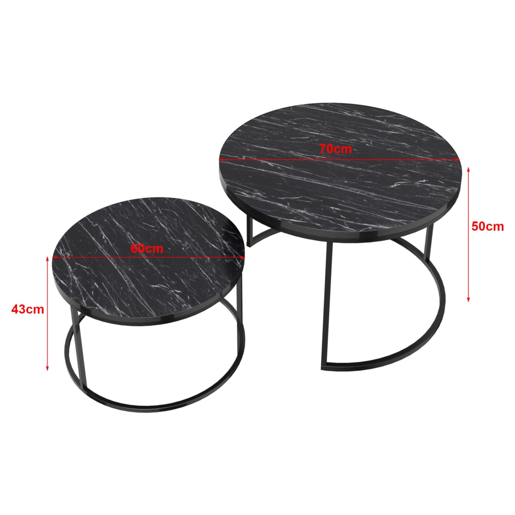 Set Skagen 2 Tavolini Sovrapponibili con Piani Rotondi e Telaio in Metallo - Effetto Marmo Nero / Nero [en.casa]