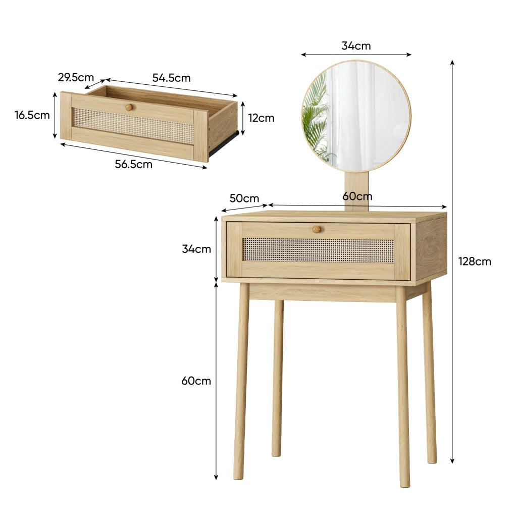 Tavolo da trucco in rattan con specchio rotondo, design boho compatto in rovere per camera da letto e piccoli spazi