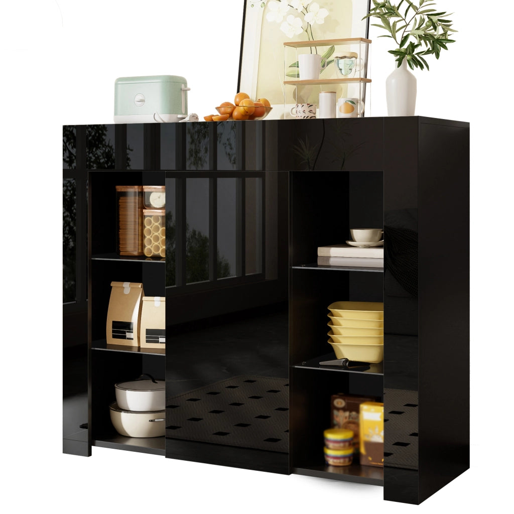 Credenza moderna nera con frontale lucido e ripiani in vetro; 95x35x83 cm