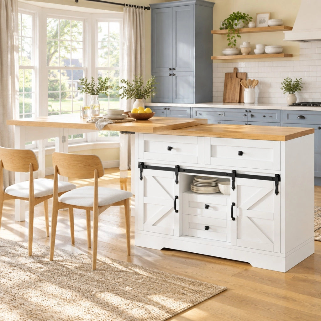 Isola cucina in MDF con tavolo estensibile e pannelli girevoli