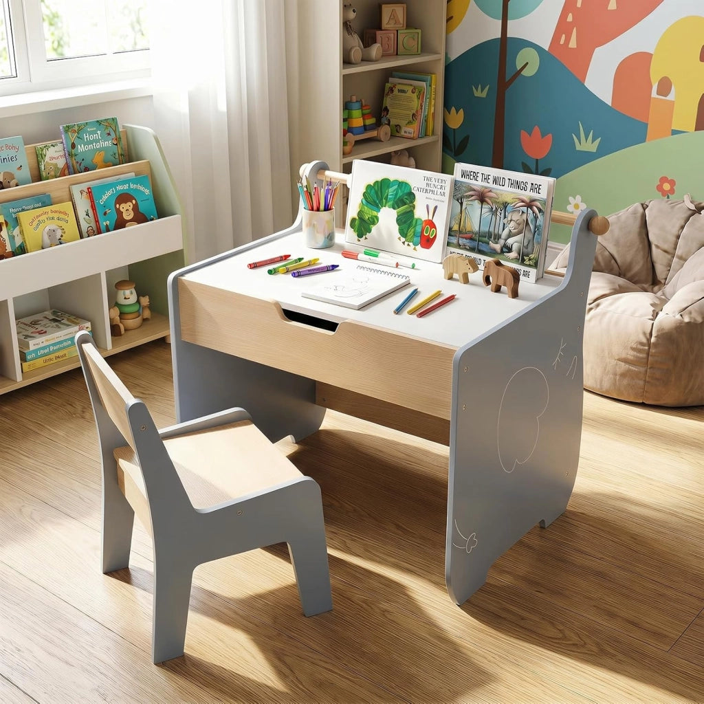 Set Tavolo e Sedia per Bambini 2 in 1, Set con Scrivania e Sedia in Legno per Bambini con Piano Rimovibile, Spazio di Archiviazione e Porta Rotolo di Carta per Aula e Cameretta (Grigio)