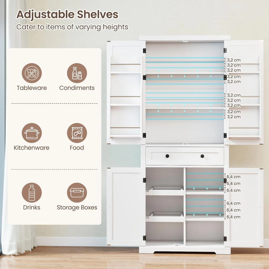 Armadio Alto 184 cm con 4 Ante, Cassetto e Ripiani Regolabili, Mobile Buffet con Scaffale Multiuso, Ideale per Cucina e Soggiorno, 77 x 40 x 184 cm