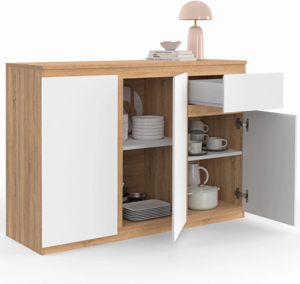 Credenza TOMI 100 cm con 3 ante e 1 cassetto, bianco e legno