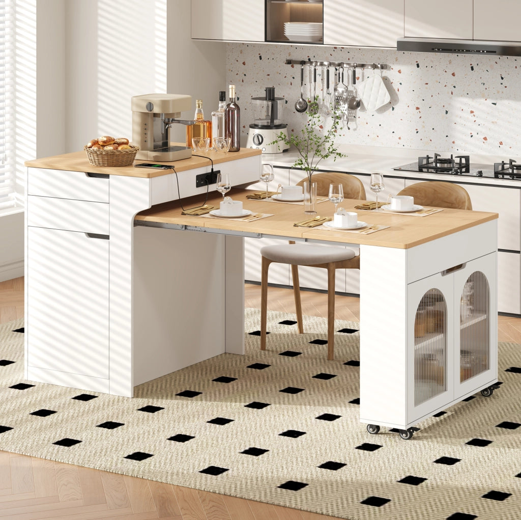 Isola cucina estensibile con prese, vetro e cassetti bianca