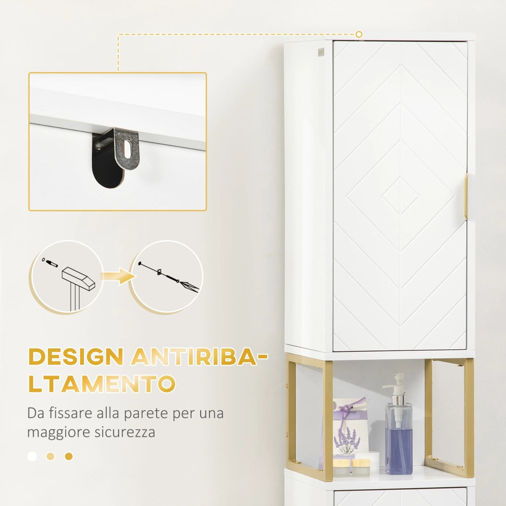 Colonna Bagno con 2 Armadietti e Ripiano in MDF e Acciaio, 30x30x170.7cm, Bianco e Oro