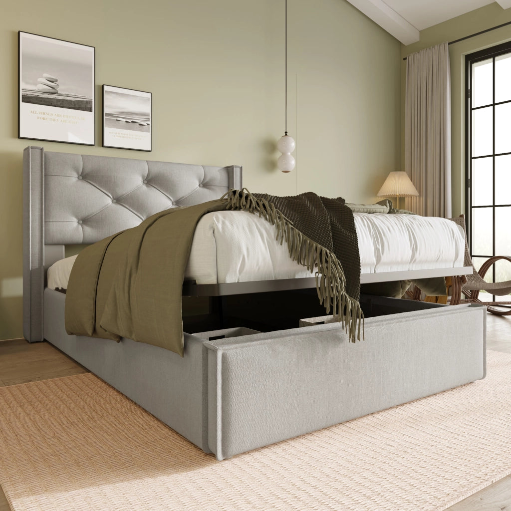 Letto singolo imbottito 90x200 cm con contenitore, rete a doghe sollevabile, grigio chiaro