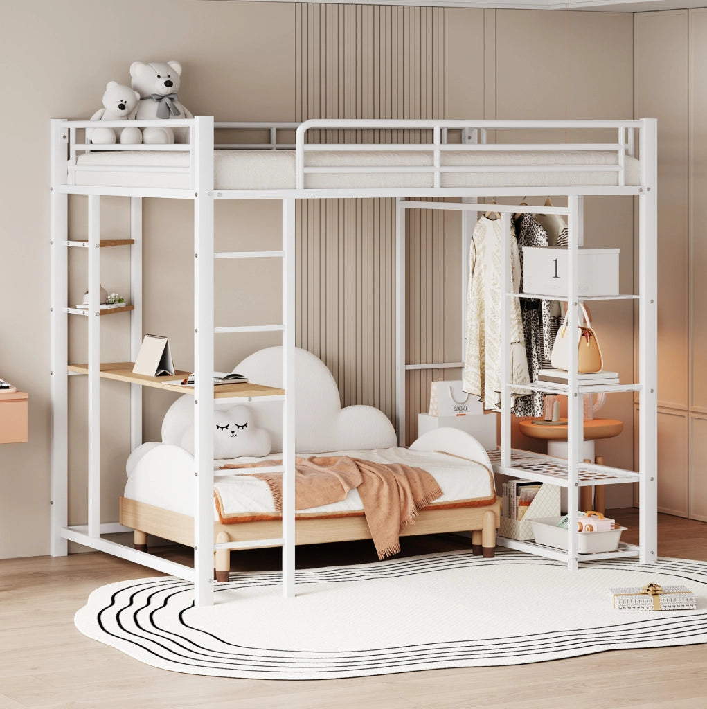 Letto a soppalco 140x200 cm in metallo con scrivania; appendiabiti e ripiani bianco