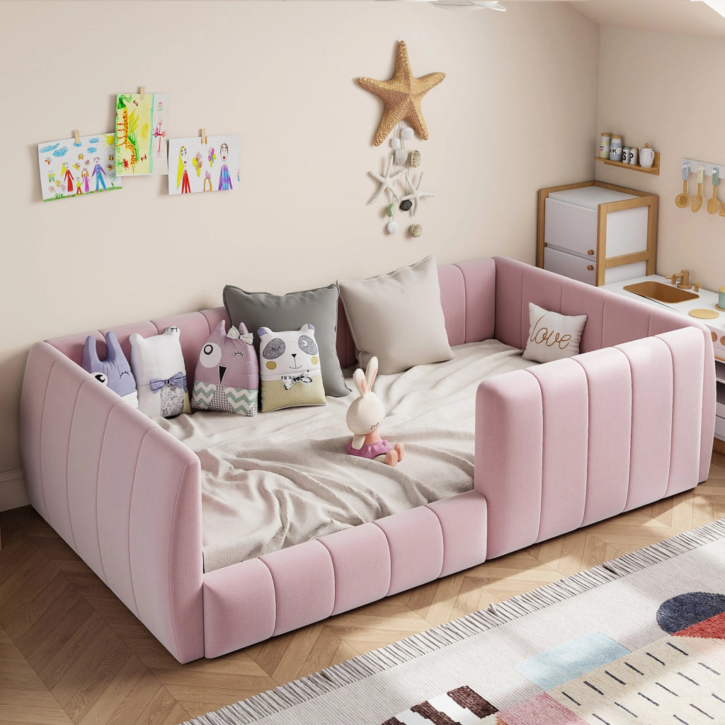 Letto piattaforma imbottito 90x200 cm con spondine di sicurezza; rosa; in MDF e velluto