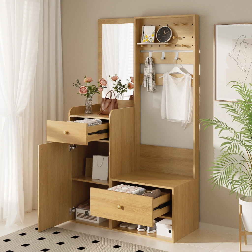 Mobile Ingresso con 2 Cassetti; 1 Armadio e Ripiani; con Specchio e Ganci Regolabili; Stile Moderno; in Pannello truciolare; Legno; 105??38??180 cm